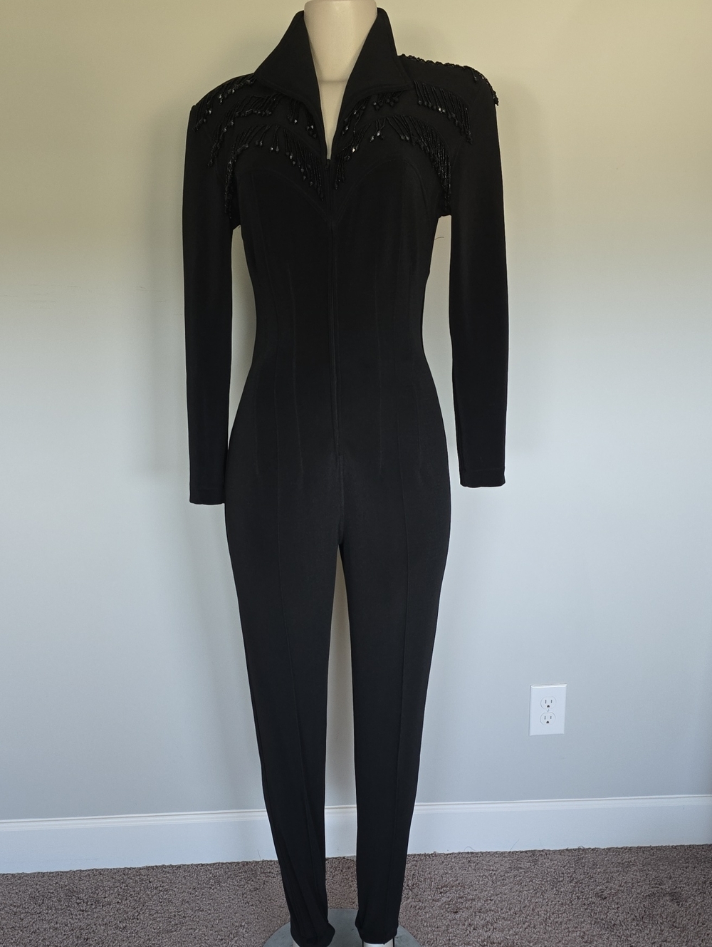 Vintage Tadashi black stirrup jumpsuit with hanging beads-S